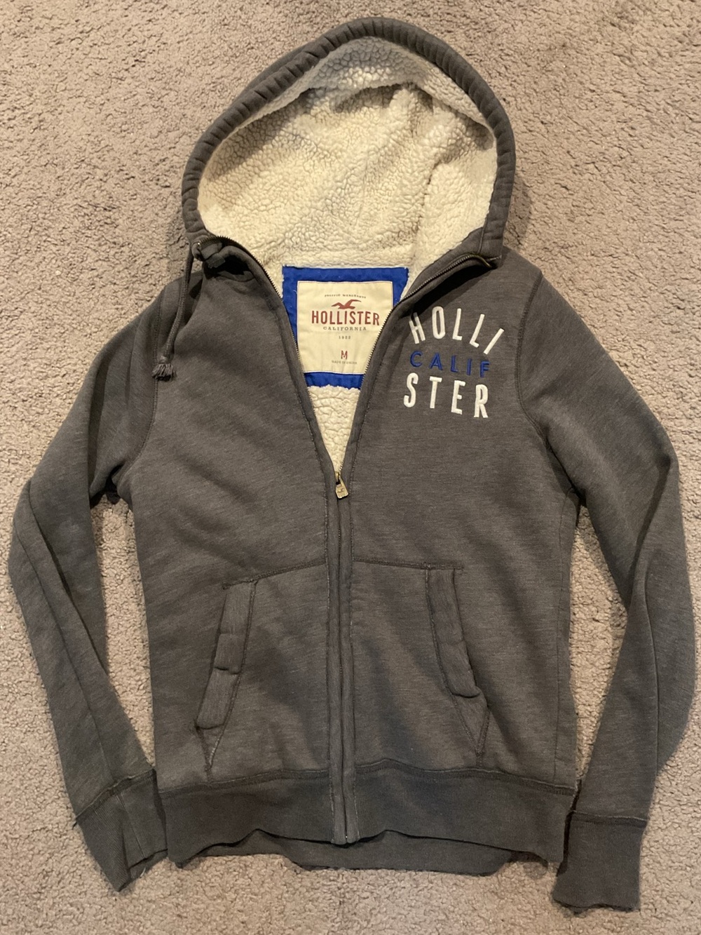 Hollister Vintage Fllece Fur Gray Hoodle Logo Sweatshirt Jacket Full Zip Y2K, M